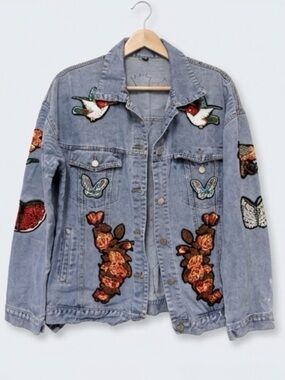 Vintage Blue Embroidered Vintage Patch Denim Jacket - Women’s Jean Jacket